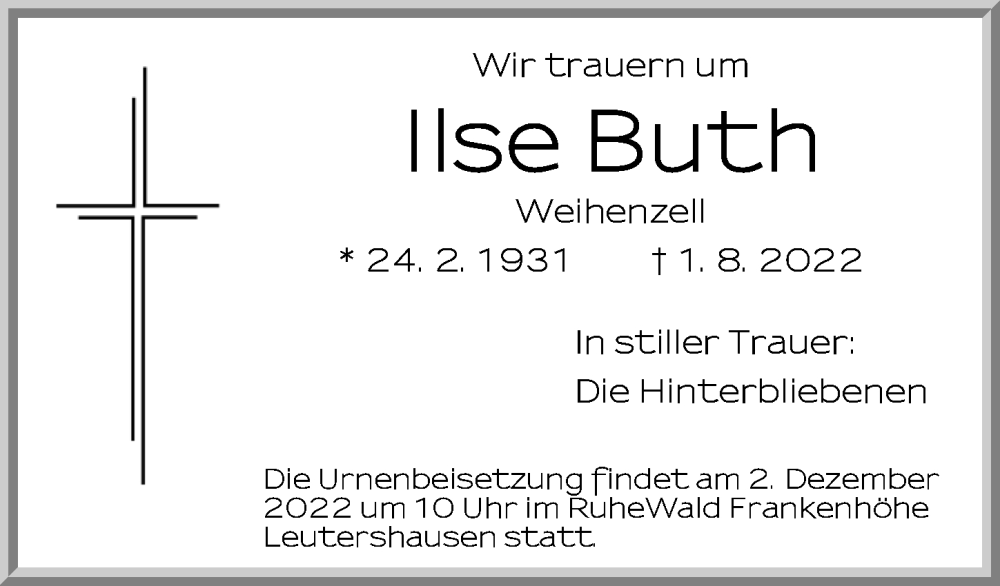  Traueranzeige für Ilse Buth vom 28.11.2022 aus Ansbach