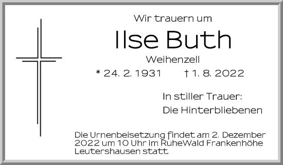 Traueranzeige von Ilse Buth von Ansbach