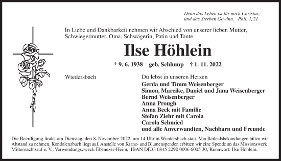 Traueranzeige von Ilse Höhlein von Ansbach