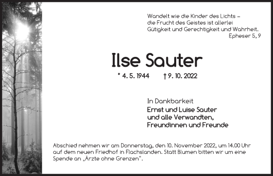 Traueranzeige von Ilse Sauter von Ansbach