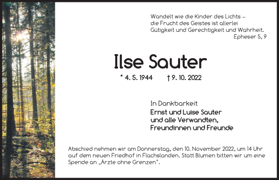 Traueranzeige von Ilse Sauter von Neustadt/ Scheinfeld/ Uffenheim