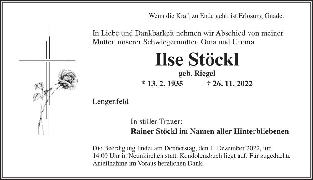  Traueranzeige für Ilse Stöckl vom 29.11.2022 aus Ansbach