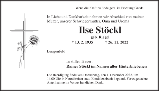 Traueranzeige von Ilse Stöckl von Ansbach