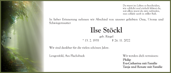 Traueranzeige von Ilse Stöckl von Ansbach