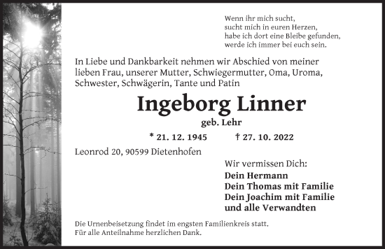 Traueranzeige von Ingeborg Linner von Ansbach