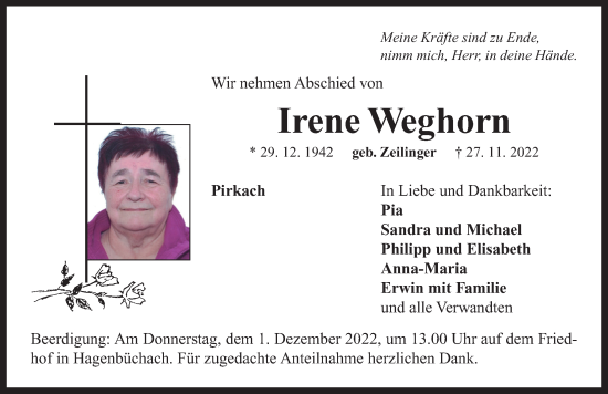 Traueranzeige von Irene Weghorn von Neustadt/ Scheinfeld/ Uffenheim