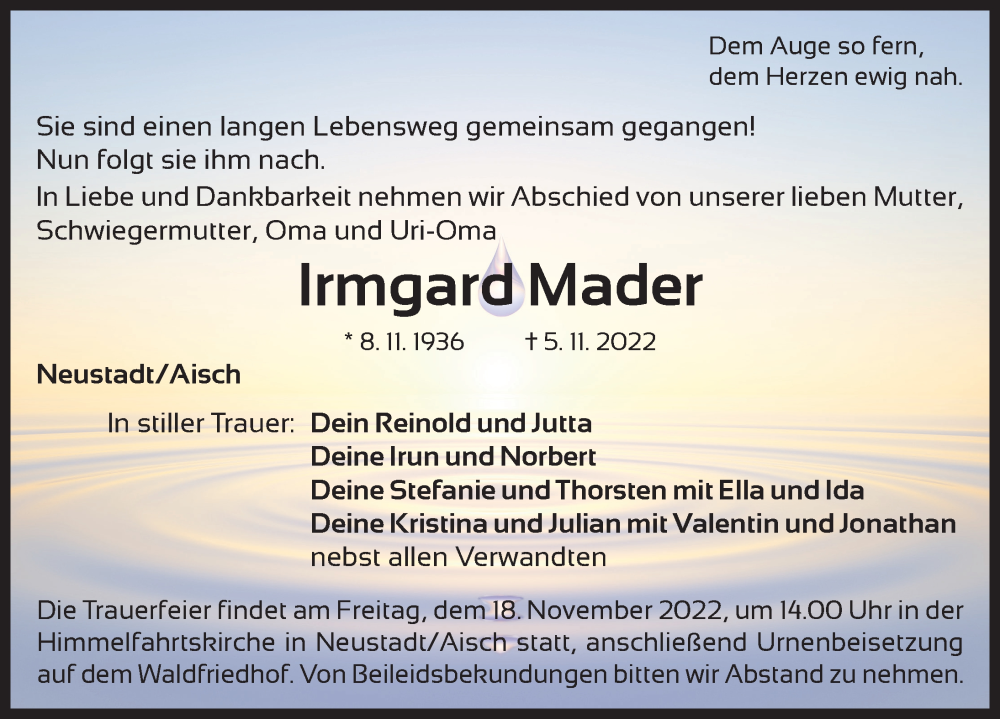  Traueranzeige für Irmgard Mader vom 12.11.2022 aus Neustadt/ Scheinfeld/ Uffenheim