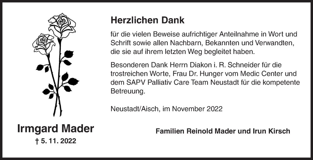  Traueranzeige für Irmgard Mader vom 26.11.2022 aus Neustadt/ Scheinfeld/ Uffenheim