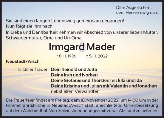 Traueranzeige von Irmgard Mader von Neustadt/ Scheinfeld/ Uffenheim
