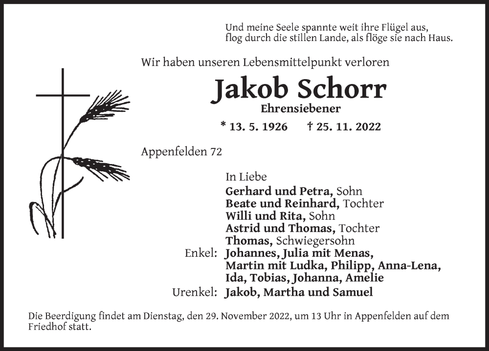  Traueranzeige für Jakob Schorr vom 28.11.2022 aus Neustadt/ Scheinfeld/ Uffenheim