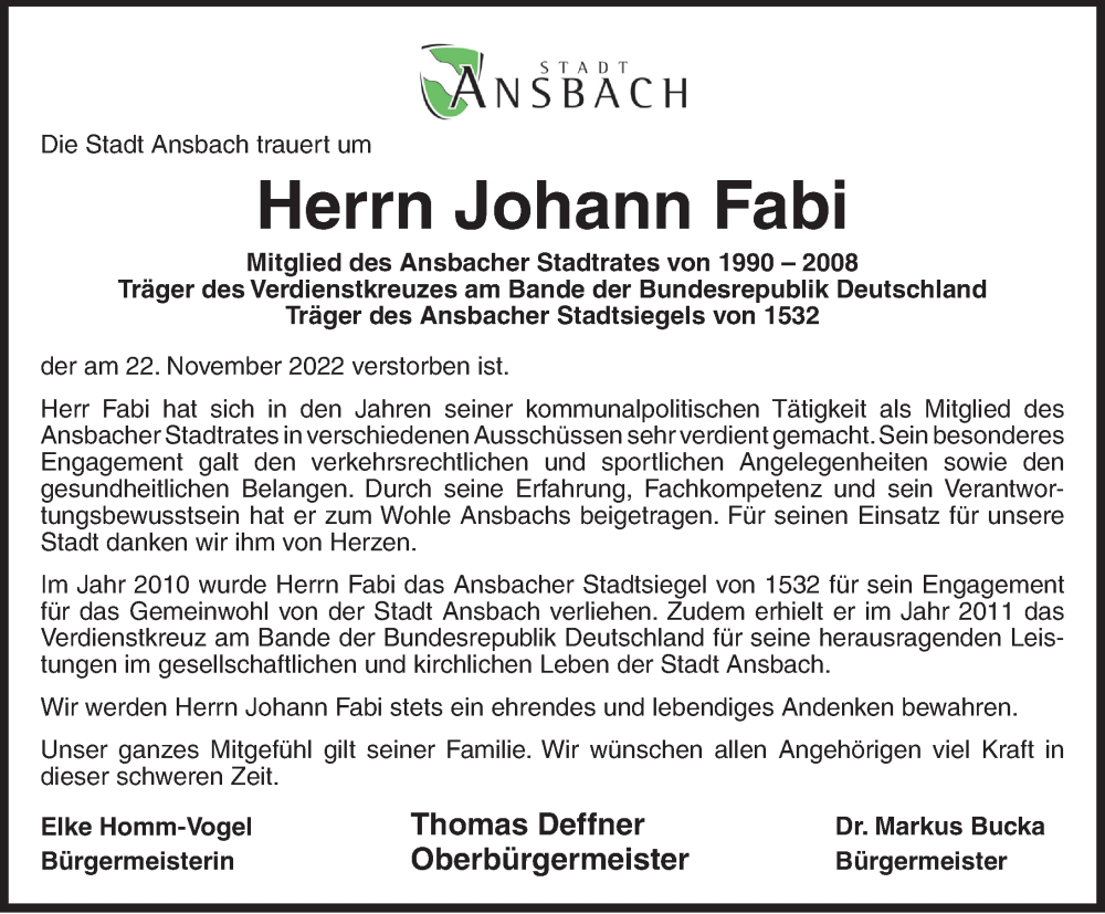  Traueranzeige für Johann Fabi vom 26.11.2022 aus Ansbach