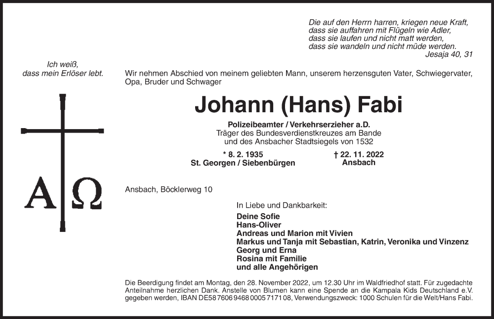  Traueranzeige für Johann Fabi vom 25.11.2022 aus Ansbach