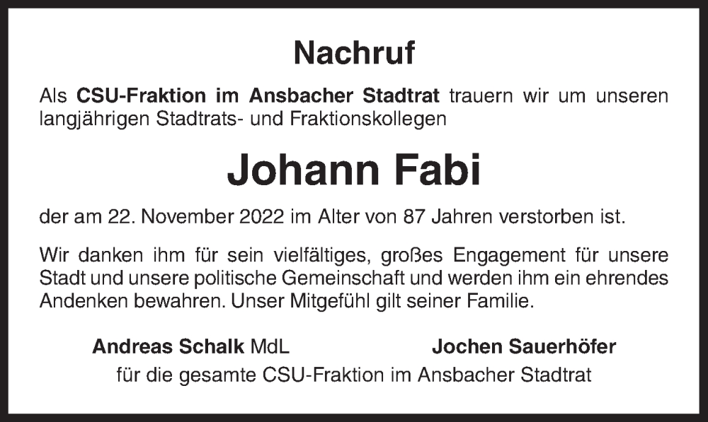  Traueranzeige für Johann Fabi vom 30.11.2022 aus Ansbach
