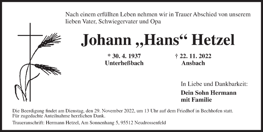  Traueranzeige für Johann  Hetzel vom 26.11.2022 aus Ansbach