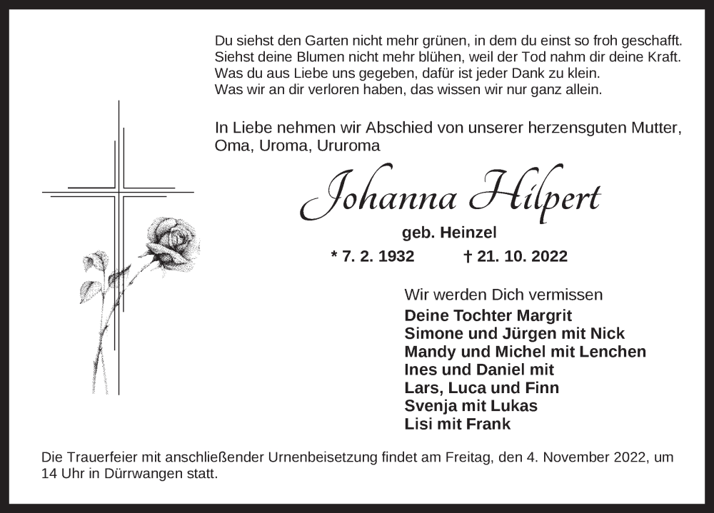  Traueranzeige für Johanna Hilpert vom 03.11.2022 aus Dinkelsbühl/ Feuchtwangen