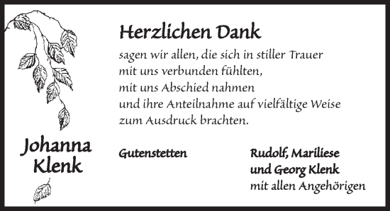Traueranzeige von Johanna Klenk von Neustadt/ Scheinfeld/ Uffenheim