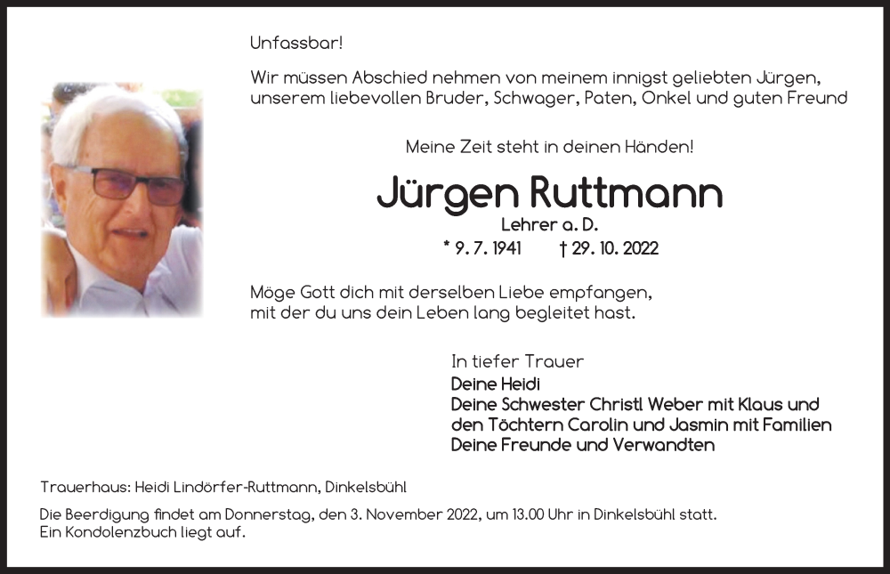  Traueranzeige für Jürgen Ruttmann vom 01.11.2022 aus Dinkelsbühl/ Feuchtwangen
