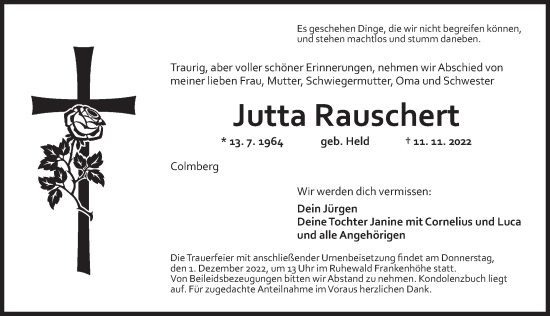 Traueranzeige von Jutta Rauschert von Ansbach