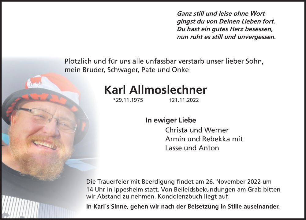  Traueranzeige für Karl Allmoslechner vom 25.11.2022 aus Neustadt/ Scheinfeld/ Uffenheim