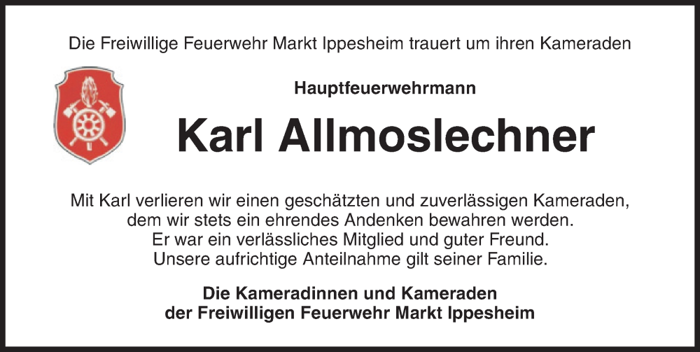  Traueranzeige für Karl Allmoslechner vom 26.11.2022 aus Neustadt/ Scheinfeld/ Uffenheim