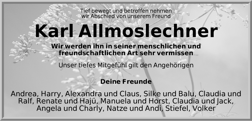  Traueranzeige für Karl Allmoslechner vom 26.11.2022 aus Neustadt/ Scheinfeld/ Uffenheim