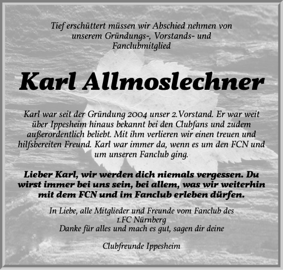 Traueranzeige von Karl Allmoslechner von Neustadt/ Scheinfeld/ Uffenheim