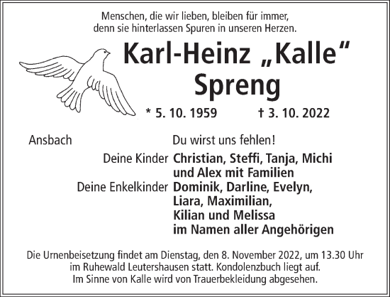 Traueranzeige von Karl-Heinz Spreng von Ansbach
