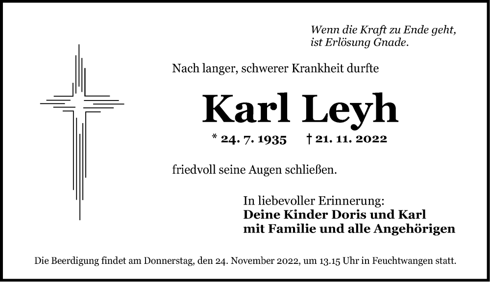  Traueranzeige für Karl Leyh vom 23.11.2022 aus Dinkelsbühl/ Feuchtwangen