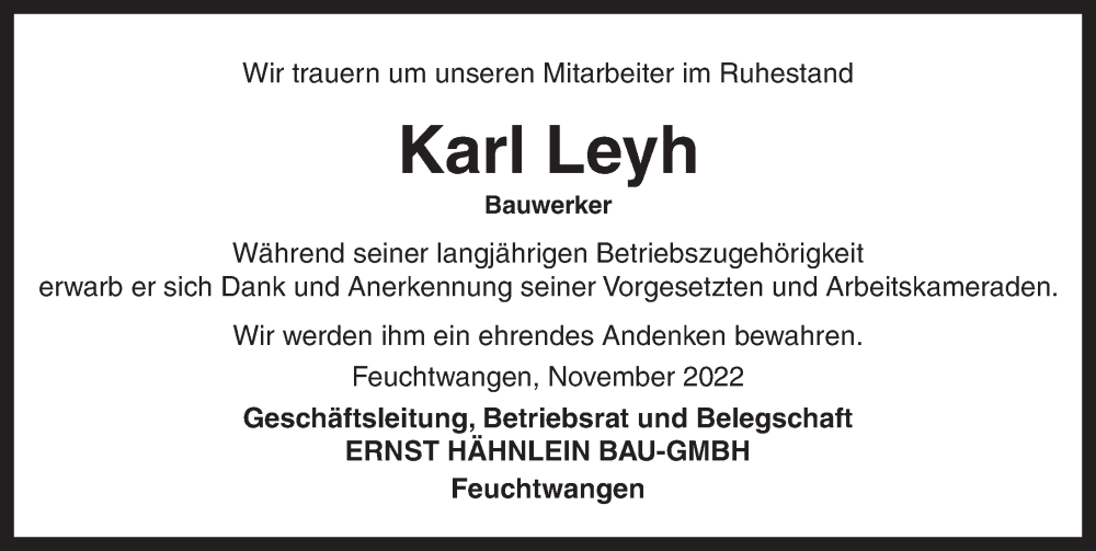  Traueranzeige für Karl Leyh vom 24.11.2022 aus Dinkelsbühl/ Feuchtwangen