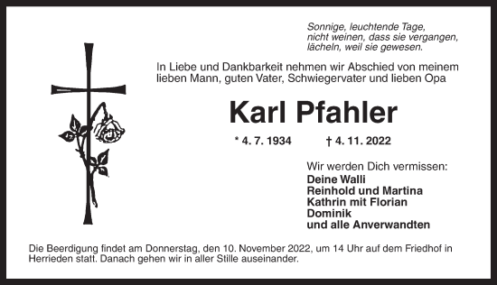 Traueranzeige von Karl Pfahler von Ansbach