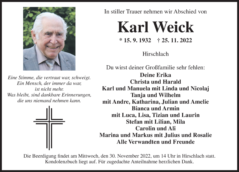  Traueranzeige für Karl Weick vom 28.11.2022 aus Ansbach