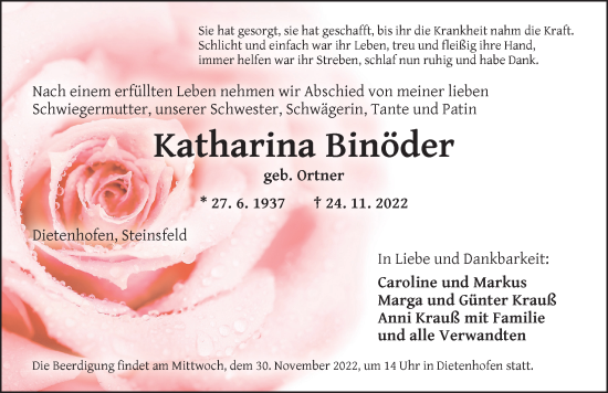 Traueranzeige von Katharina Binöder von Ansbach