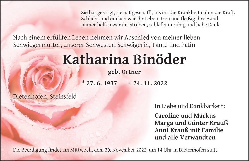  Traueranzeige für Katharina Binöder vom 28.11.2022 aus Ansbach