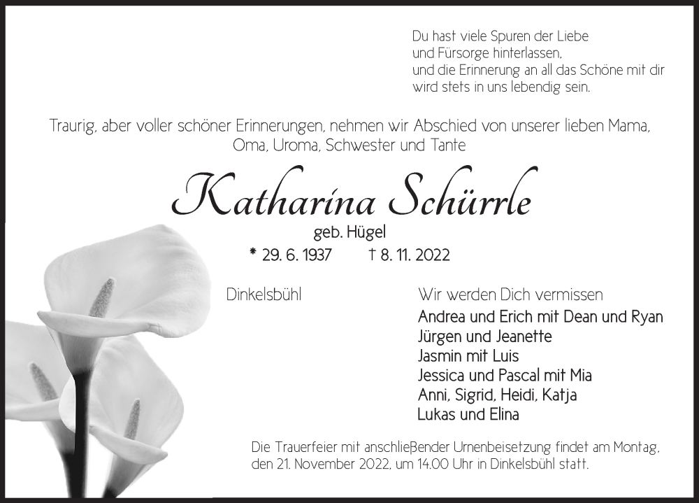  Traueranzeige für Katharina Schürrle vom 18.11.2022 aus Dinkelsbühl/ Feuchtwangen