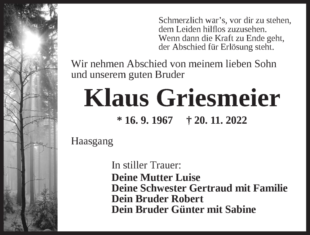  Traueranzeige für Klaus Griesmeier vom 26.11.2022 aus Ansbach