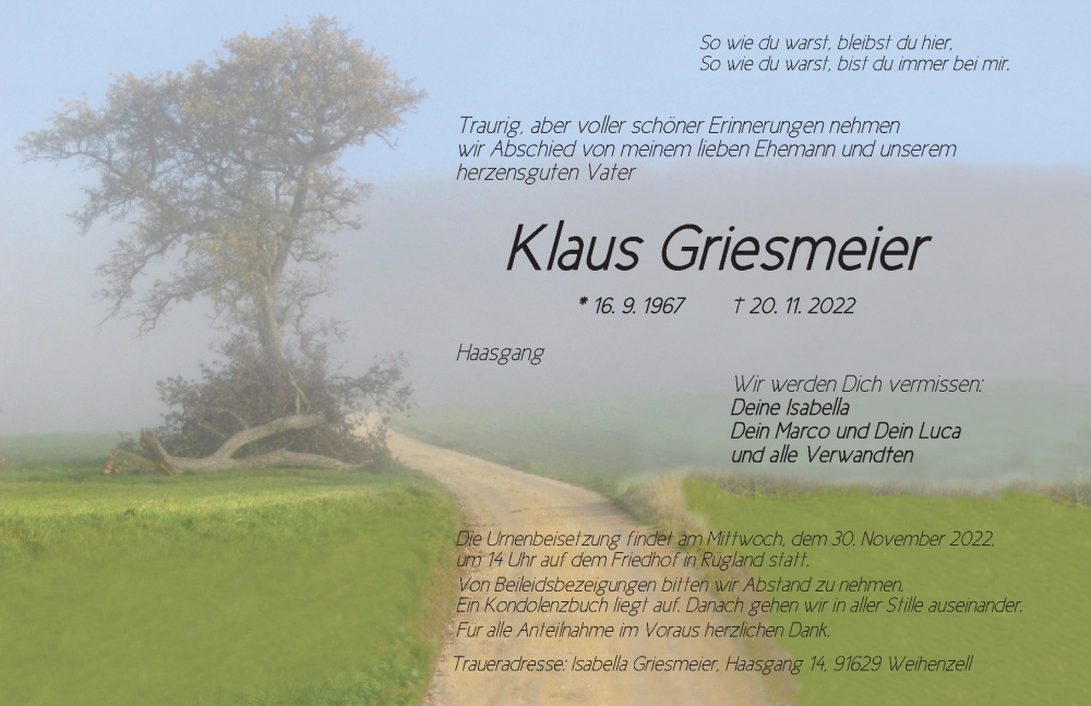  Traueranzeige für Klaus Griesmeier vom 26.11.2022 aus Ansbach