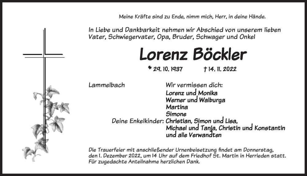  Traueranzeige für Lorenz Böckler vom 29.11.2022 aus Ansbach