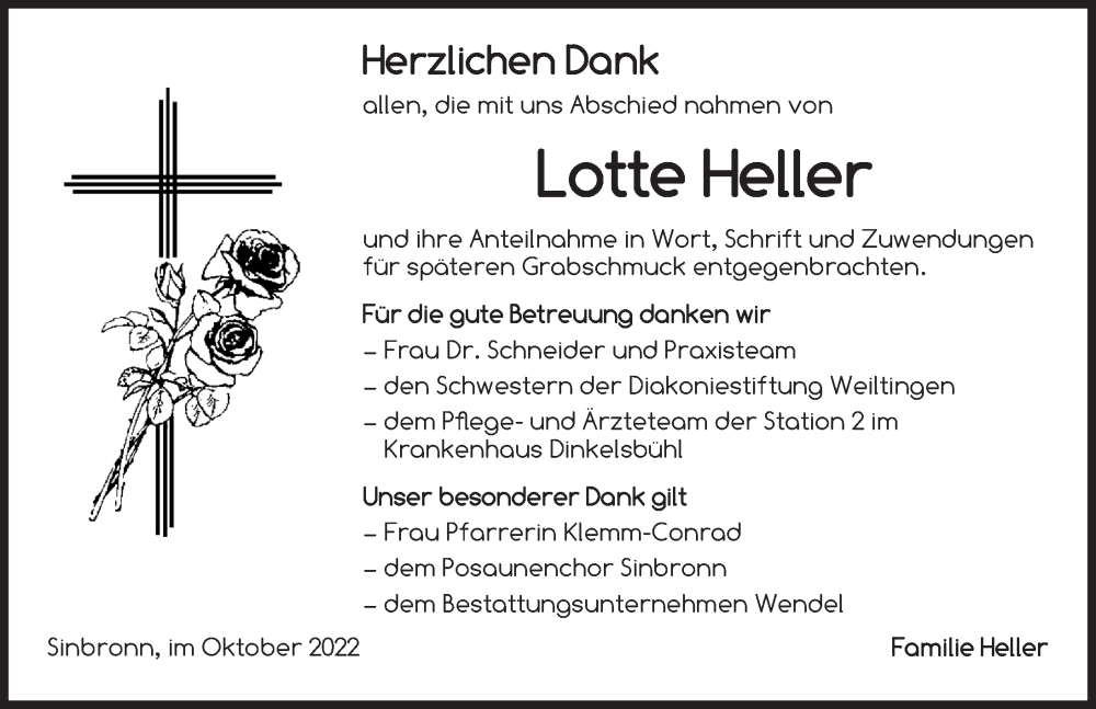  Traueranzeige für Lotte Heller vom 05.11.2022 aus Dinkelsbühl/ Feuchtwangen