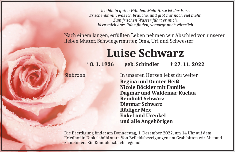  Traueranzeige für Luise Schwarz vom 30.11.2022 aus Dinkelsbühl/ Feuchtwangen