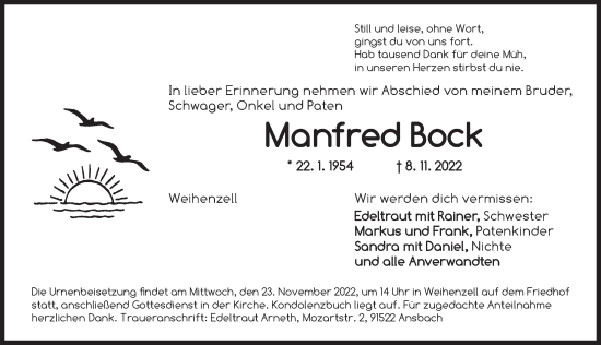 Traueranzeige von Manfred Bock von Ansbach