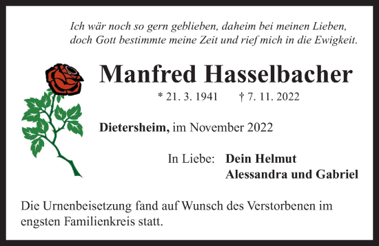 Traueranzeige von Manfred Hasselbacher von Neustadt/ Scheinfeld/ Uffenheim