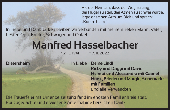 Traueranzeige von Manfred Hasselbacher von Neustadt/ Scheinfeld/ Uffenheim