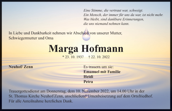 Traueranzeige von Marga Hofmann von Neustadt/ Scheinfeld/ Uffenheim