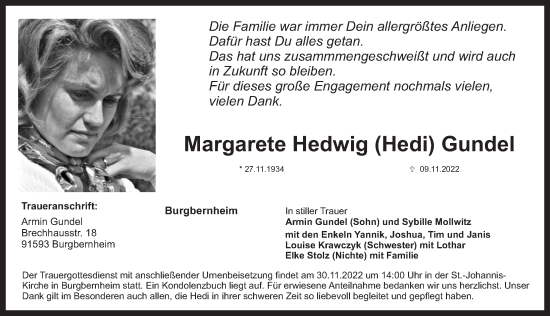 Traueranzeige von Margarete Hedwig Gundel von Neustadt/ Scheinfeld/ Uffenheim