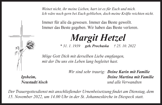 Traueranzeige von Margit Hetzel von Neustadt/ Scheinfeld/ Uffenheim