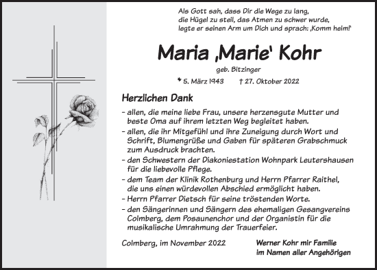 Traueranzeige von Maria  Kohr von Ansbach