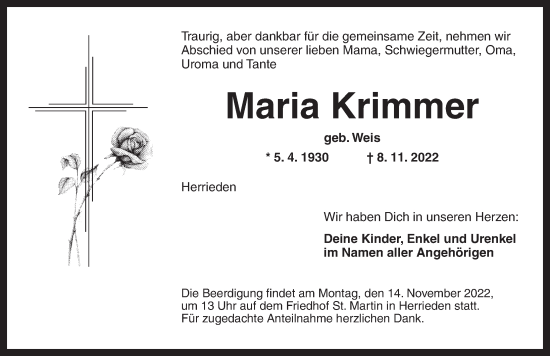 Traueranzeige von Maria Krimmer von Ansbach