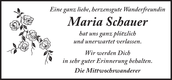 Traueranzeige von Maria Schauer von Rothenburg