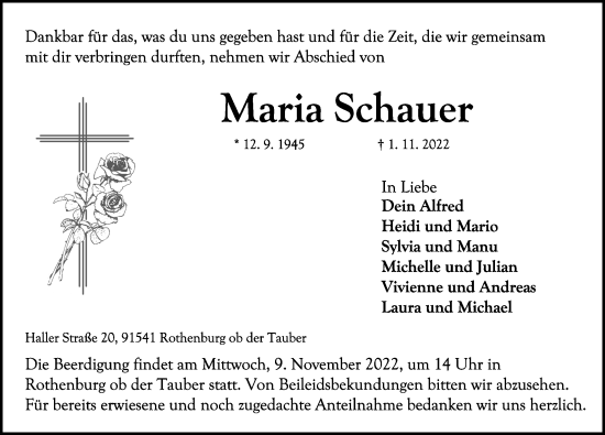 Traueranzeige von Maria Schauer von Rothenburg