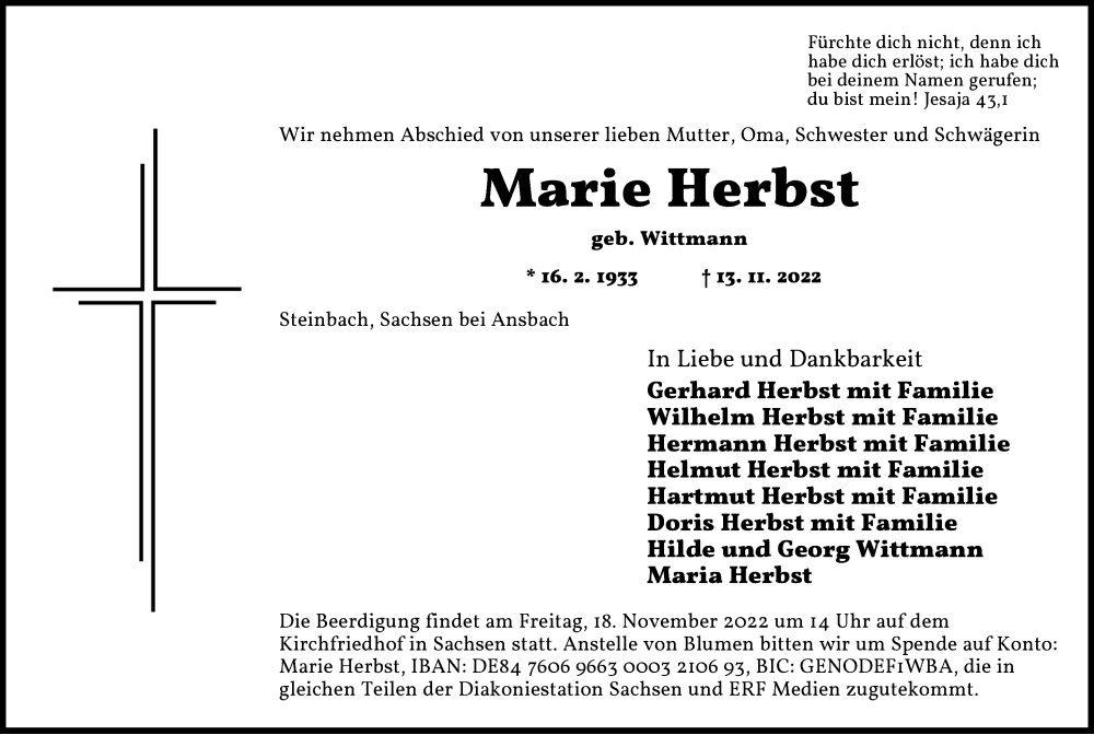  Traueranzeige für Marie Herbst vom 16.11.2022 aus Ansbach